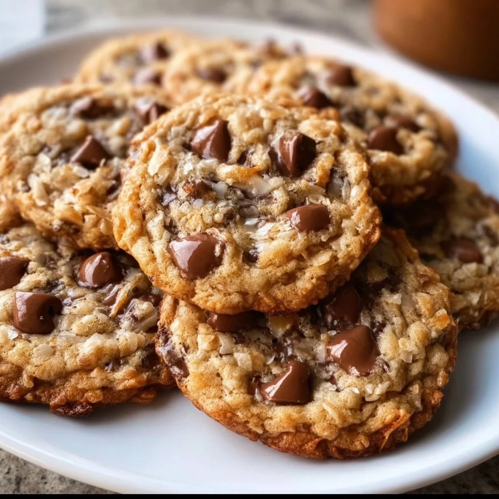 Freshly baked Cowboy Cookies with oats, chocolate chips, and nuts on a rustic table.