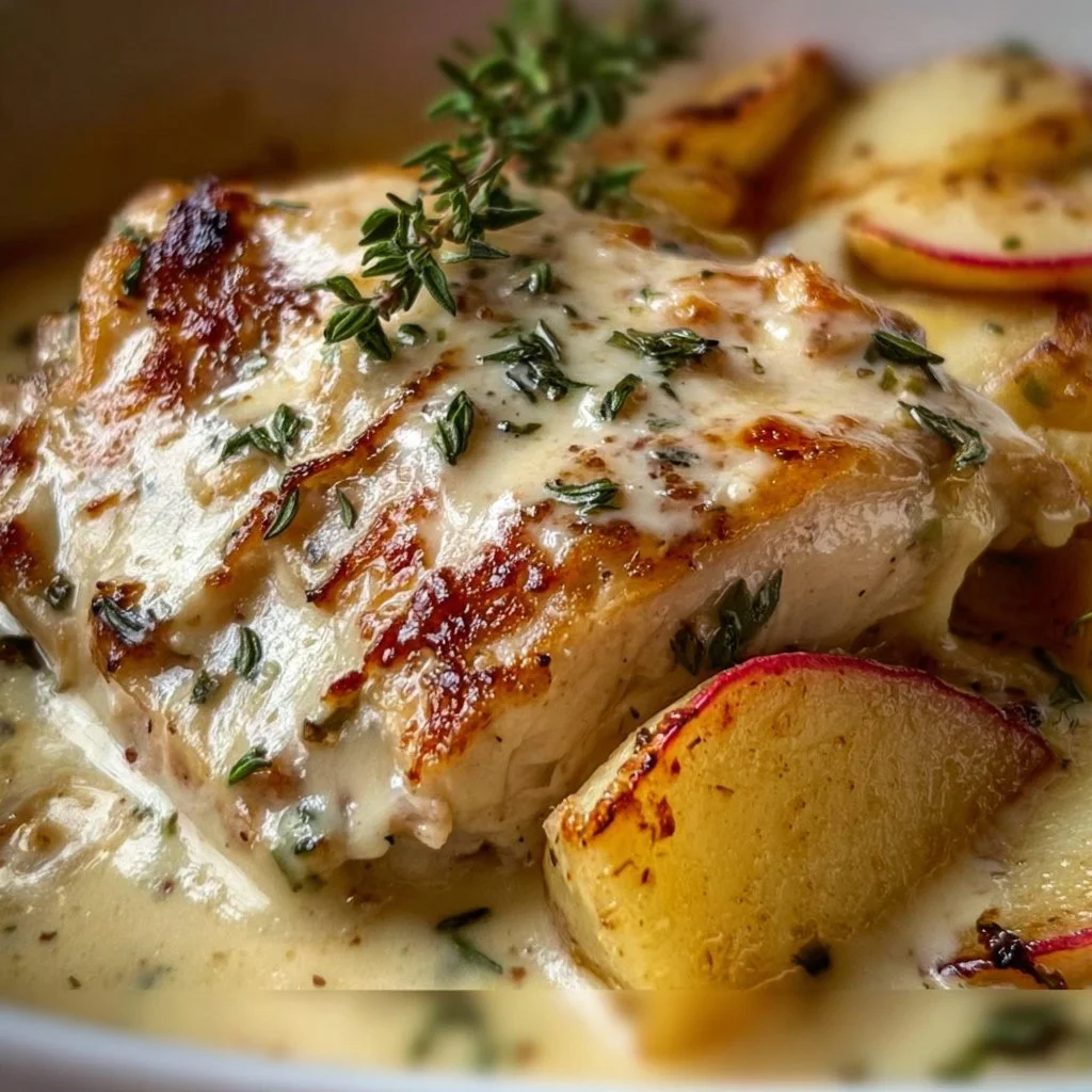 Creamy Chicken Normandy dish served with apples and fresh herbs