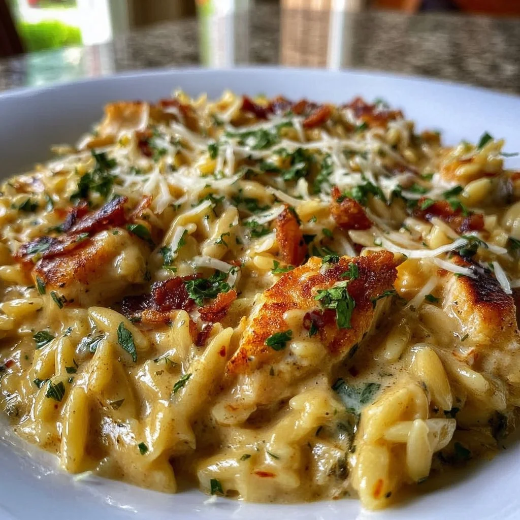 Creamy Chicken Orzo Skillet with vegetables and herbs in a cast-iron pan