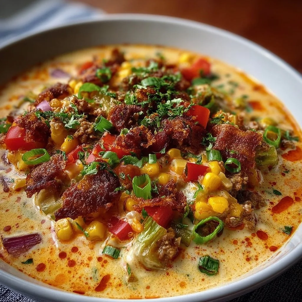 Bowl of creamy cowboy soup filled with vegetables and spices