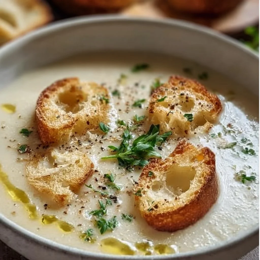 Bowl of creamy French garlic soup garnished with herbs and croutons