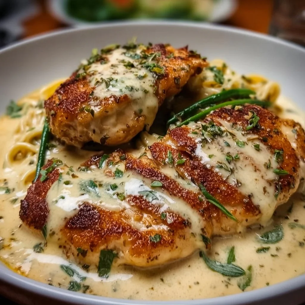 Creamy garlic herb chicken garnished with fresh herbs on a plate
