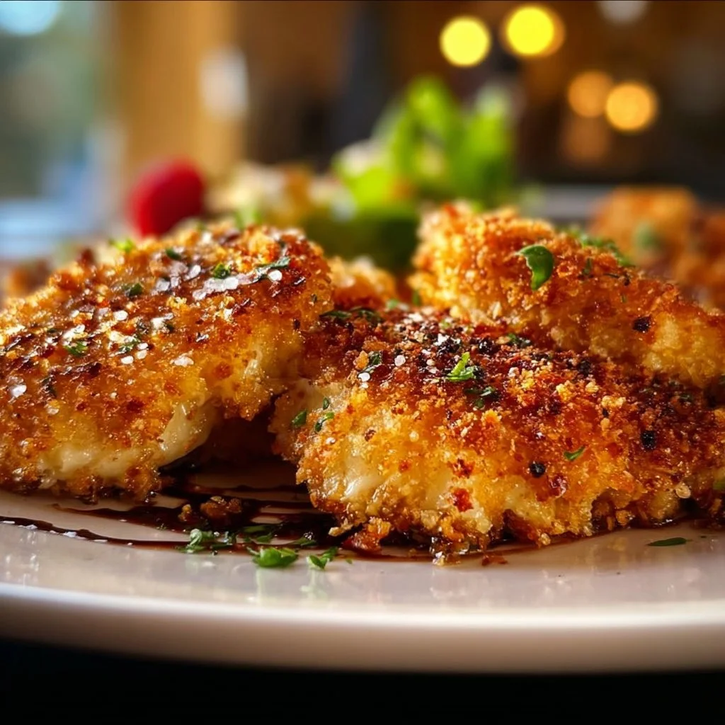 Crispy baked chicken coated with panko and parmesan on a serving plate.