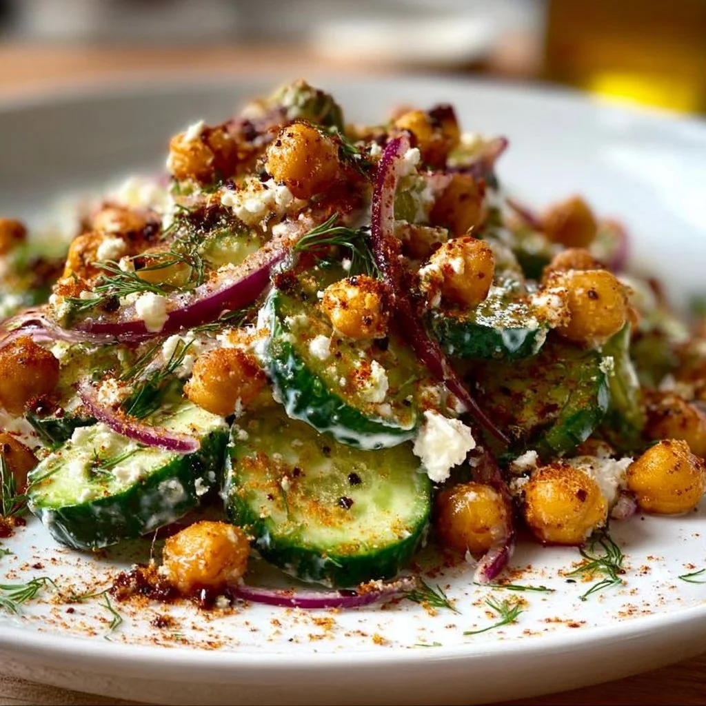 Crispy Cucumber Chickpea Ranch Salad garnished with fresh herbs and ranch dressing