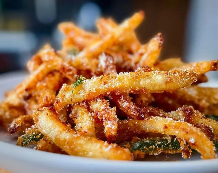 A plate of crispy jalapeno fries garnished with fresh herbs and dipping sauce