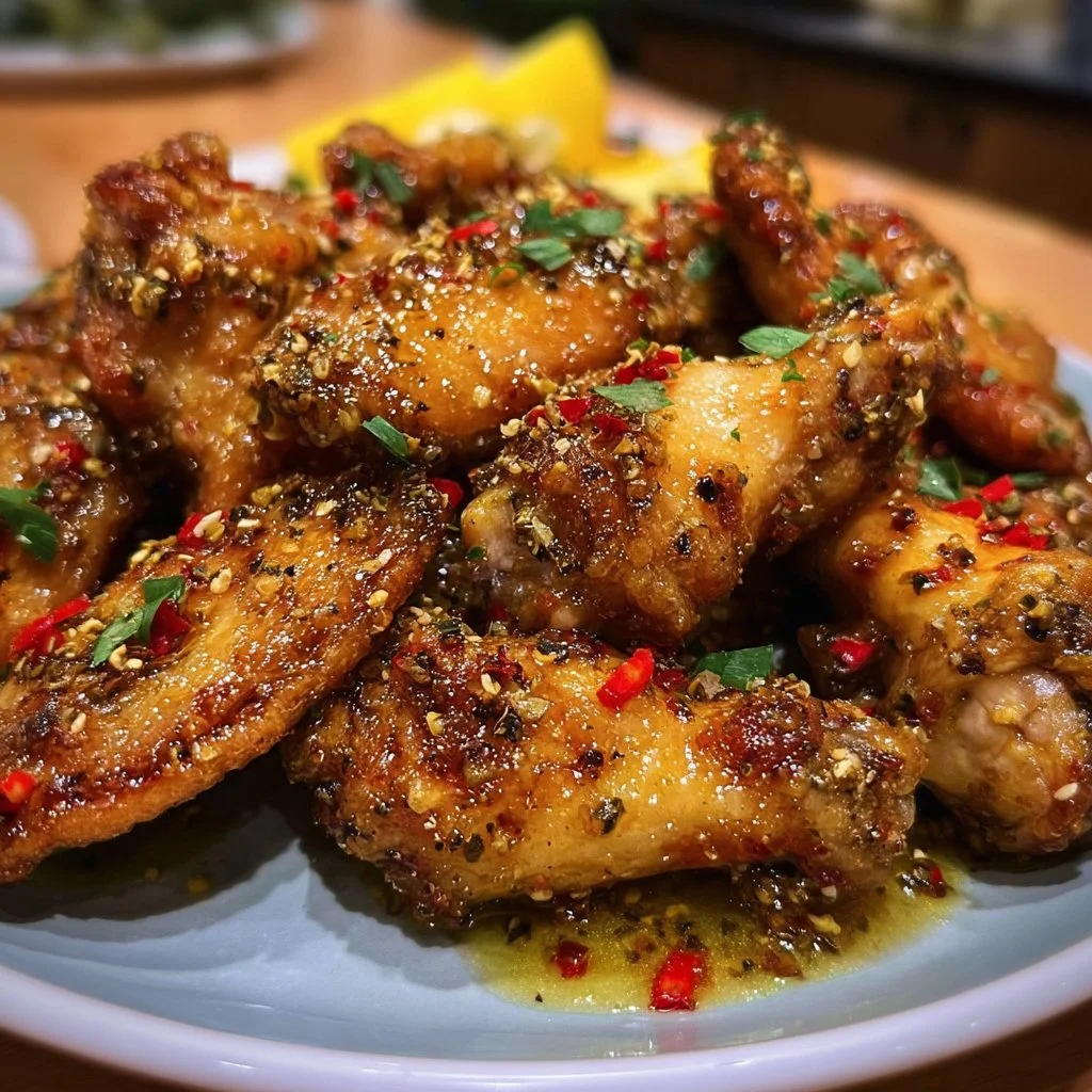 Crispy lemon pepper chicken wings served on a platter