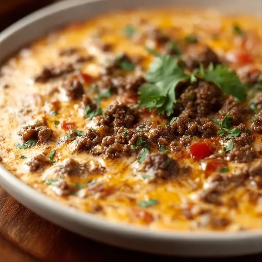 Crockpot Rotel dip with ground beef served in a bowl