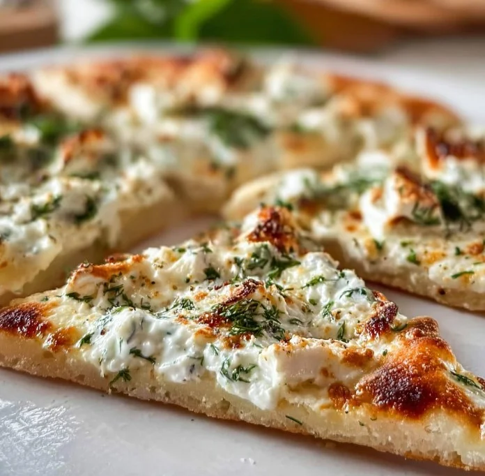 Greek flatbread pizza topped with fresh ingredients and served with tzatziki sauce