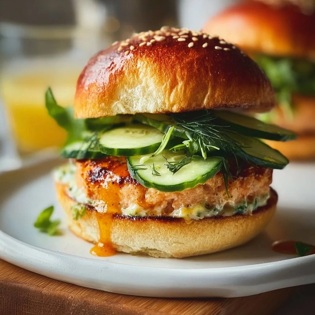 Delicious salmon burgers topped with ginger and quick-pickled cucumbers