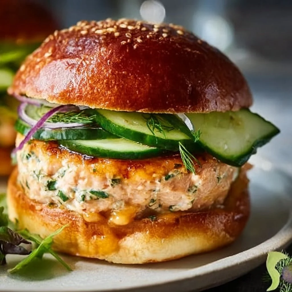 Delicious Salmon Burgers with Ginger and Quick-Pickled Cucumbers