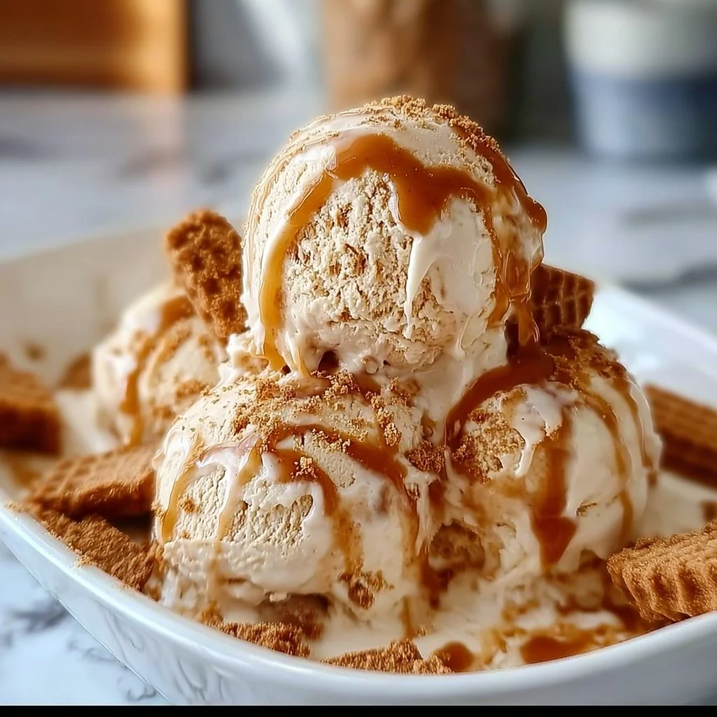 Delicious homemade Biscoff ice cream in a bowl topped with cookie crumbles