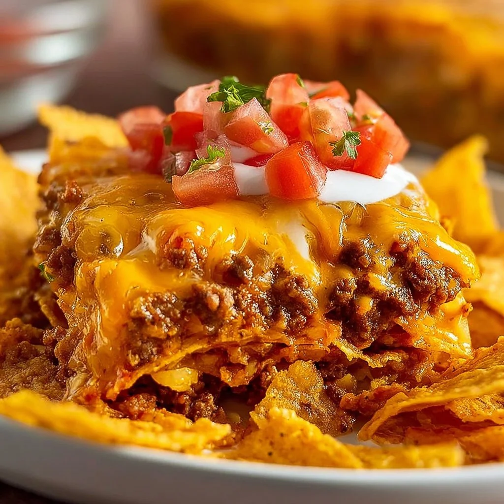 Delicious Doritos Taco Casserole topped with cheese and crunchy Doritos.