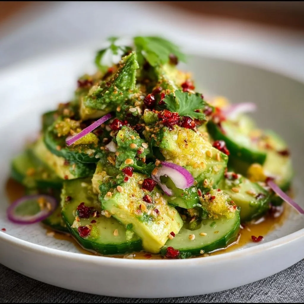 Delicious cucumber avocado salad served on a plate with vibrant green colors