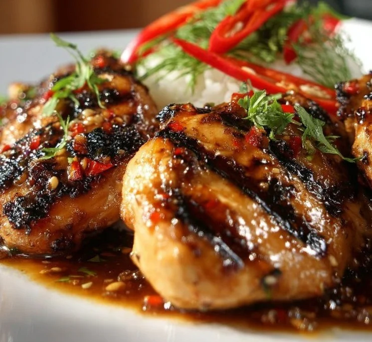Plate of grilled Thai chicken served with fresh herbs and lime