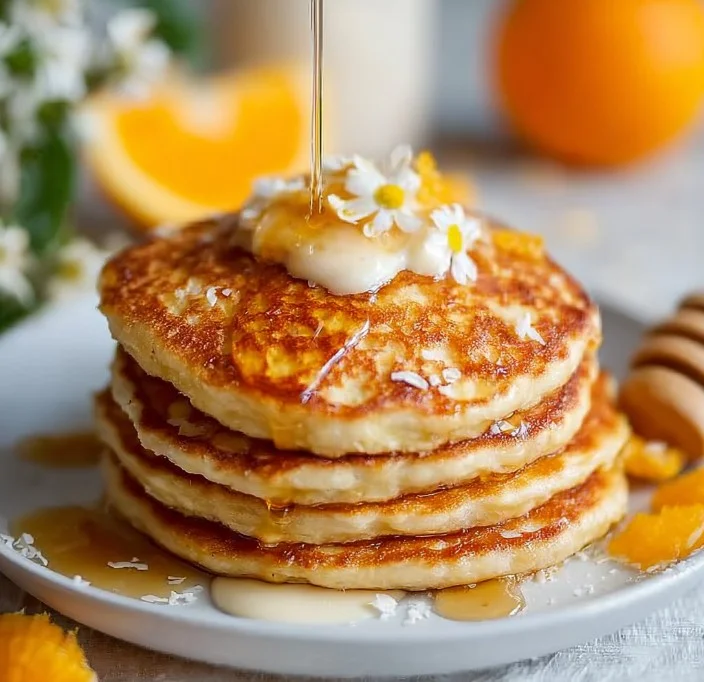 Fluffy orange pancakes drizzled with creamy syrup on a white plate