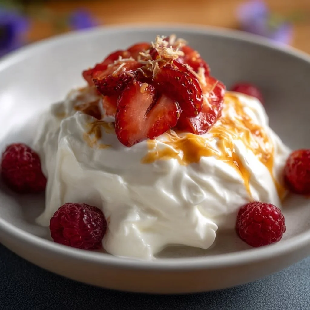 Fluffy yogurt dessert topped with fresh berries and mint leaves