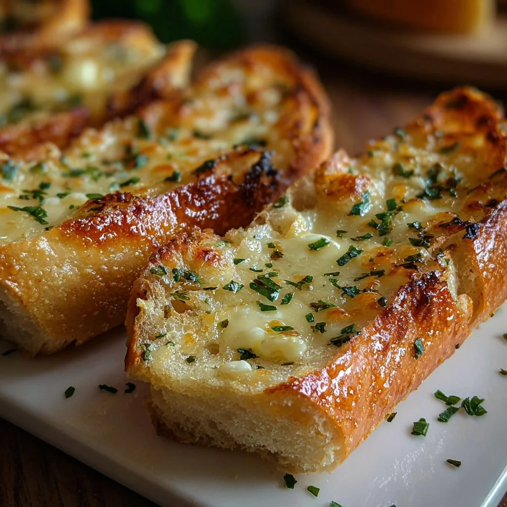 Golden Garlic French Bread topped with flavorful Herb Butter.
