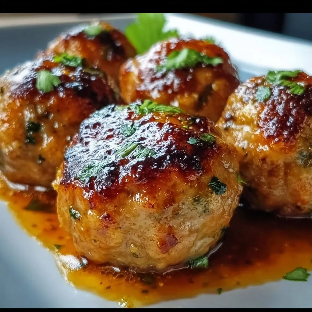 Gingery salmon meatballs glazed with soy sauce on a plate