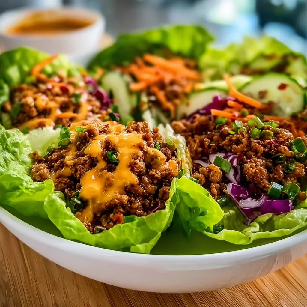Healthy ground turkey lettuce wrap bowls topped with fresh vegetables.