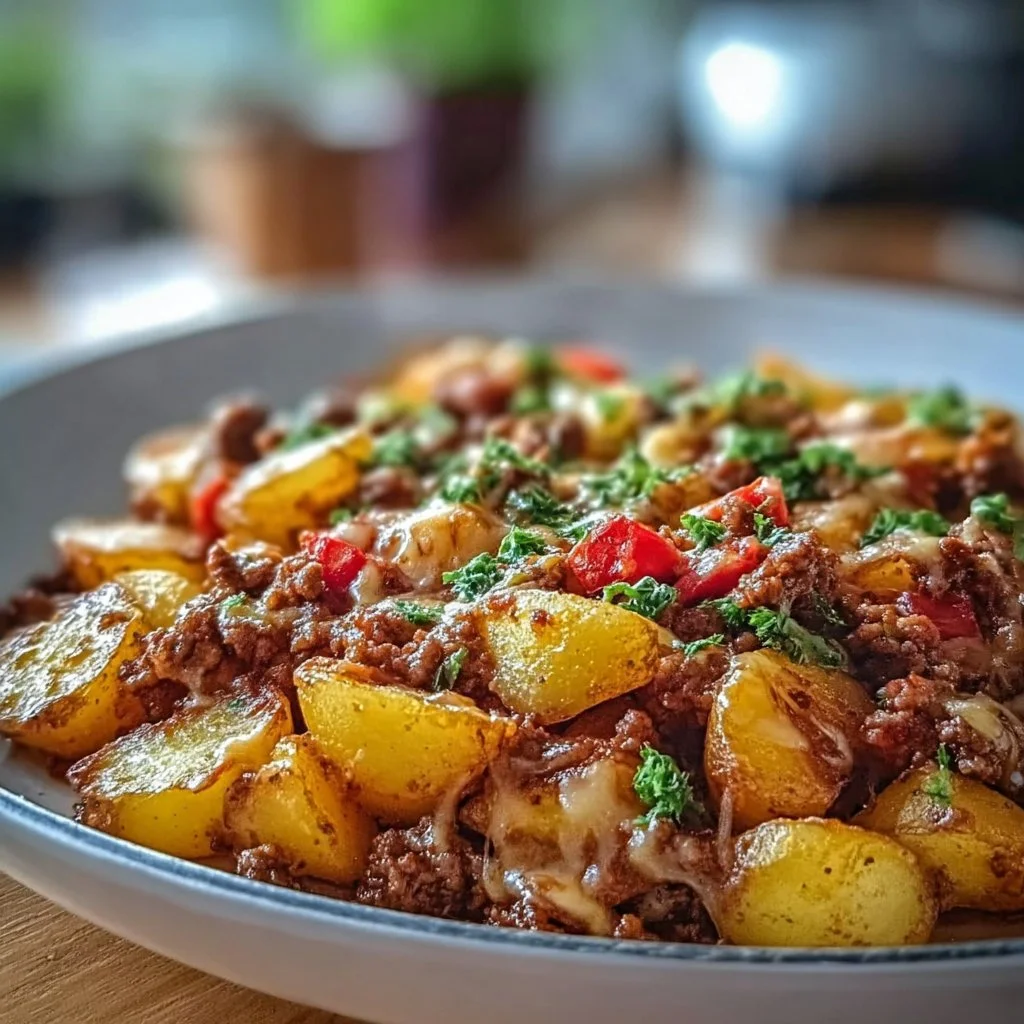 Hearty ground beef and potato skillet served in a cast-iron pan.