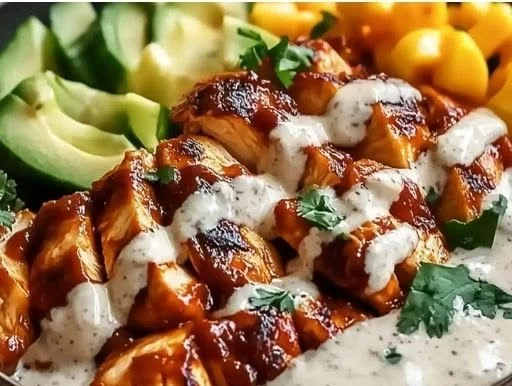 High Protein BBQ Ranch Chicken Bowl with fresh ingredients and BBQ sauce