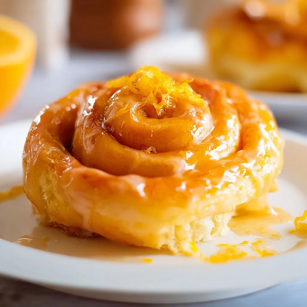 Homemade glazed orange rolls topped with sweet icing and orange zest.
