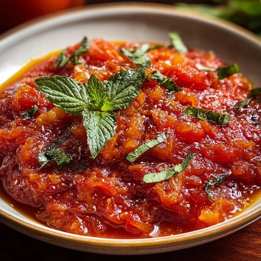 Bowl of homemade Roma tomato sauce made with fresh tomatoes and herbs