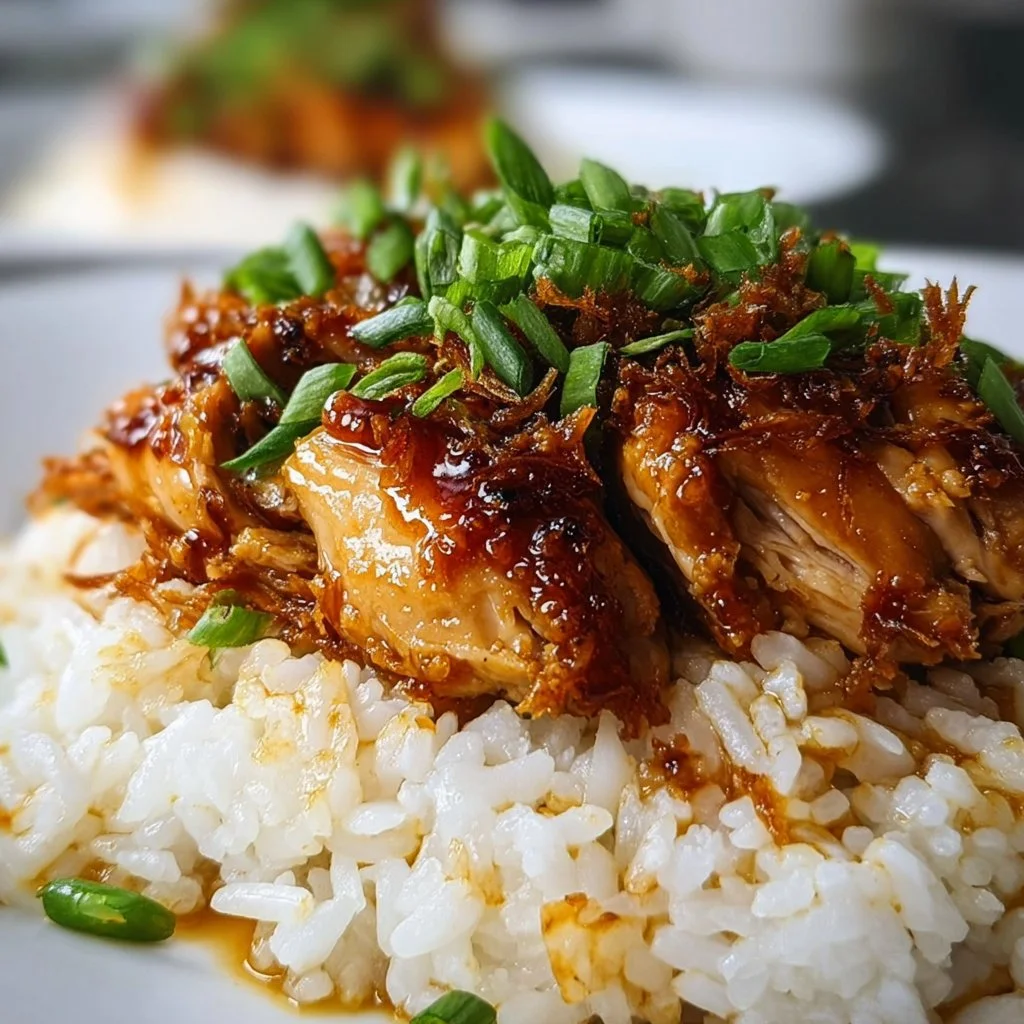 Plate of Honey Garlic Chicken served with rice and garnished with green onions.