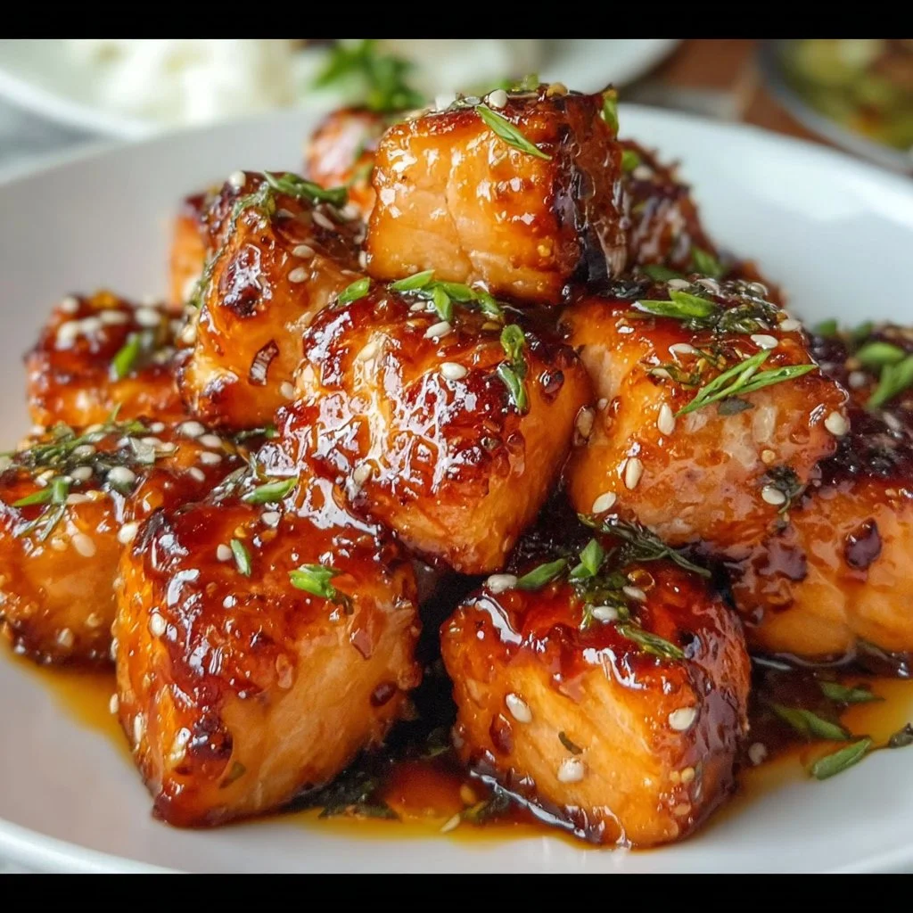Delicious honey garlic salmon bites served on a plate