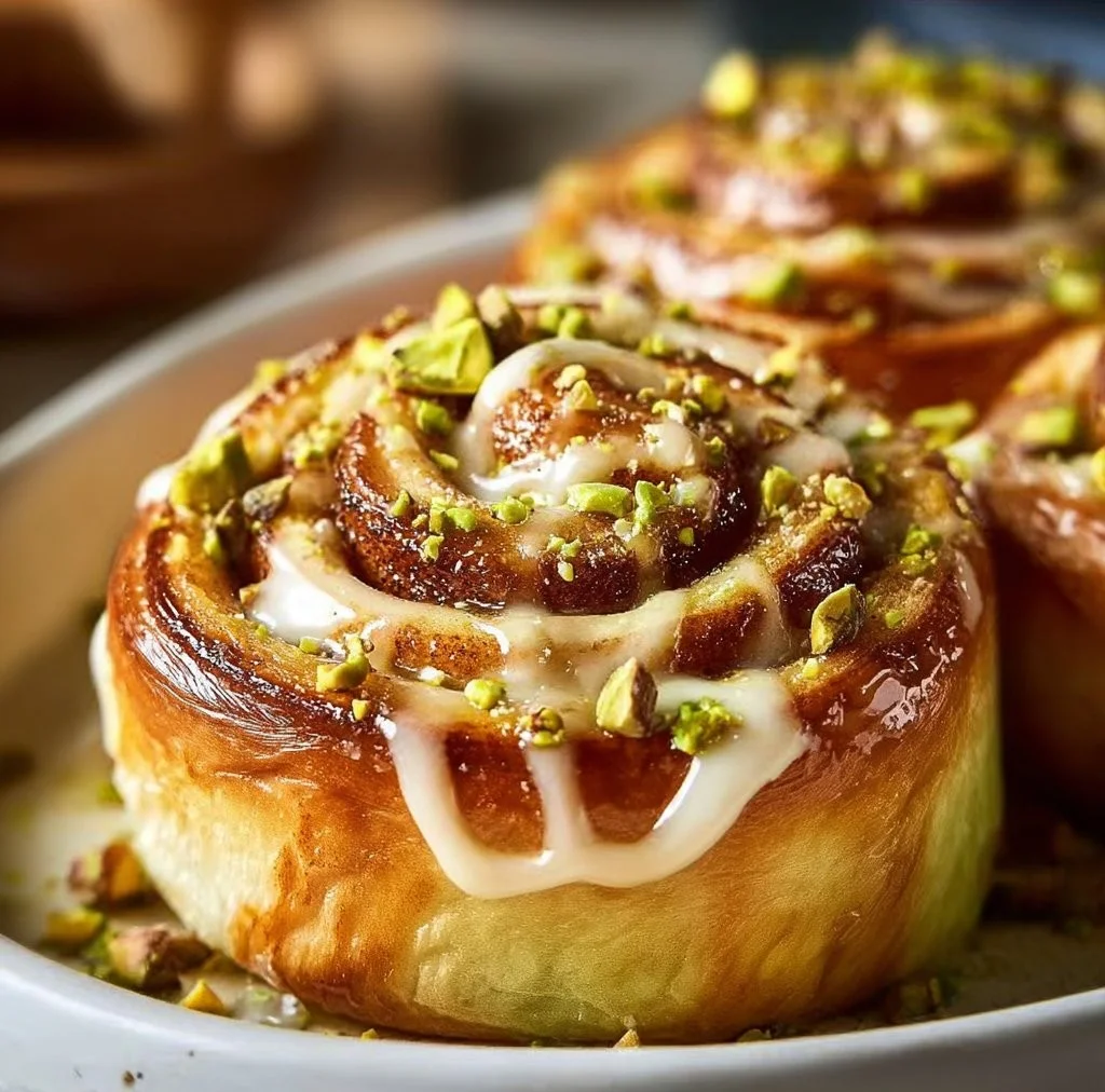 Freshly baked pistachio cinnamon rolls topped with cream cheese glaze