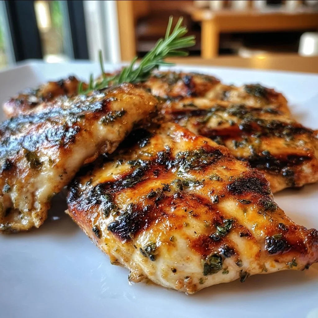 Juicy grilled chicken served on a plate with fresh herbs and vegetables