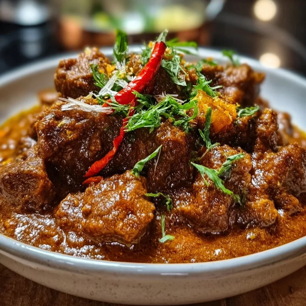 Delicious homemade lamb curry served with rice and garnished with cilantro.