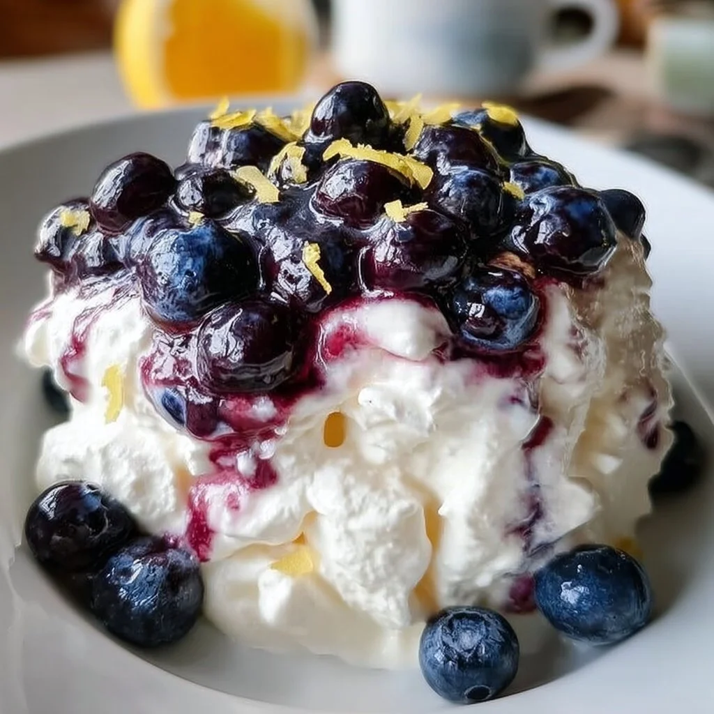 Lemon blueberry fluff dessert with blueberries and lemon slices