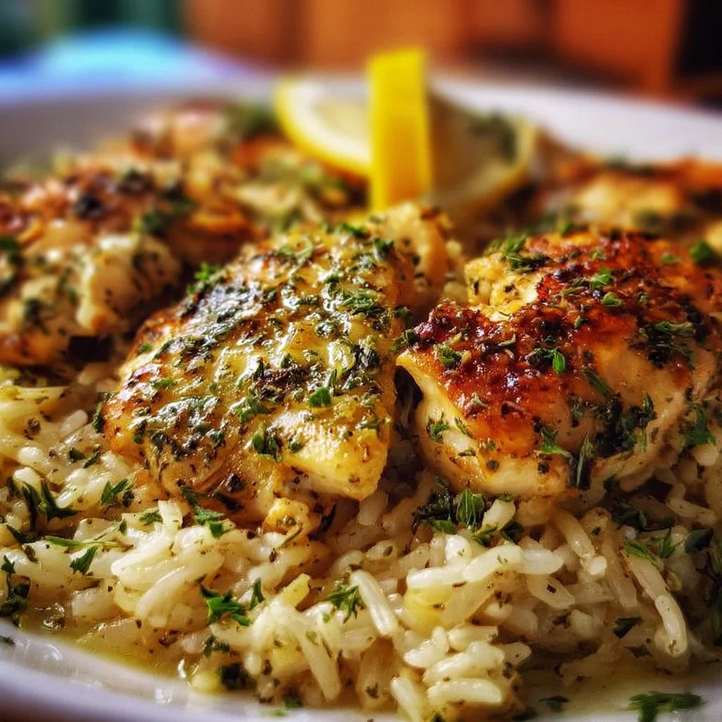 Lemon Herb Chicken served with a side of rice for a delicious meal