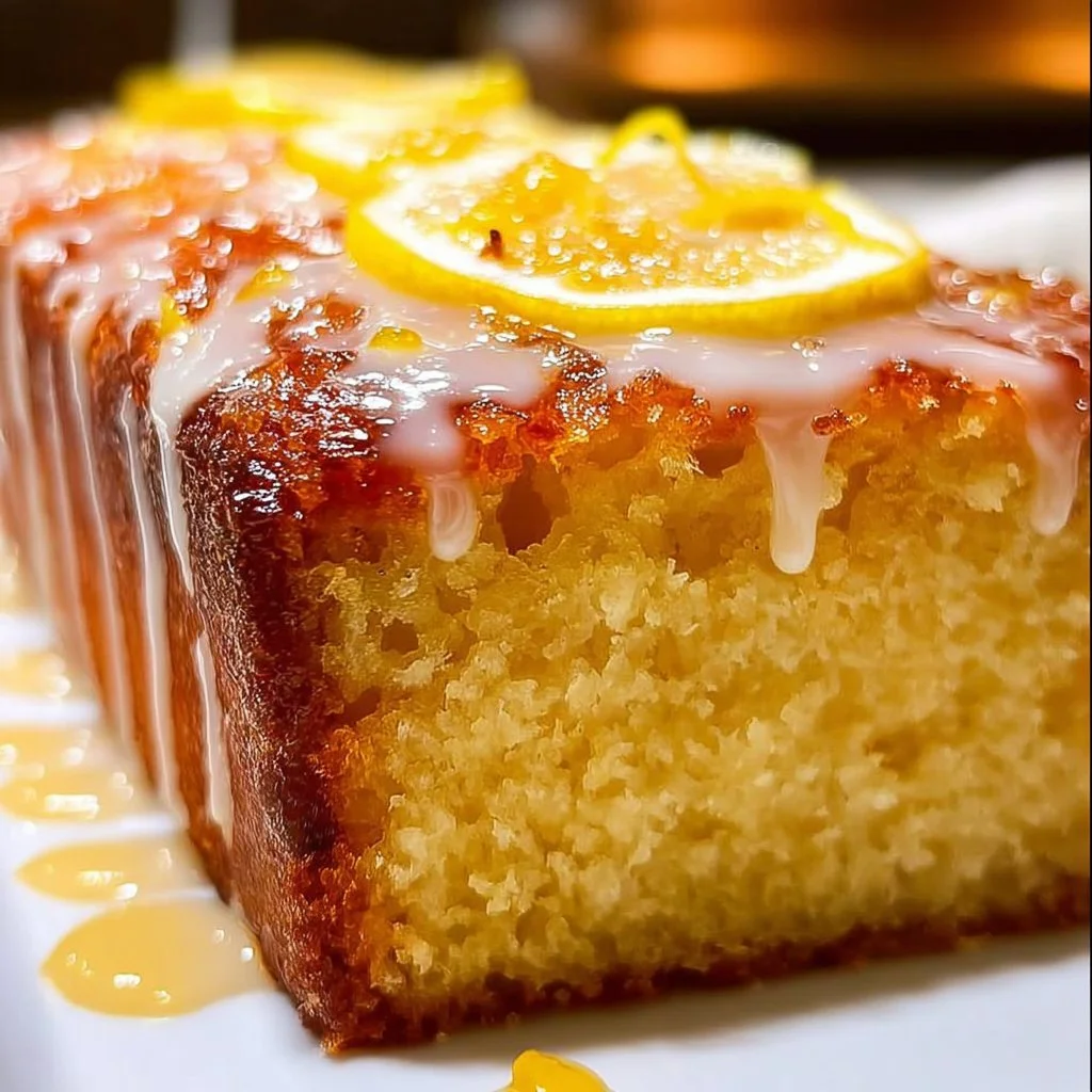 Moist and tangy Lemon Loaf on a wooden table with lemon slices