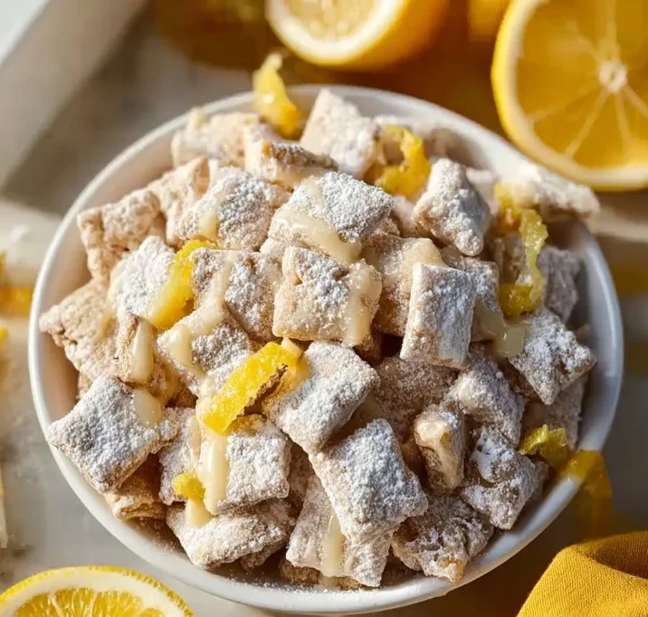 Bowl of Lemonade Puppy Chow mix with lemon slices and a refreshing vibe