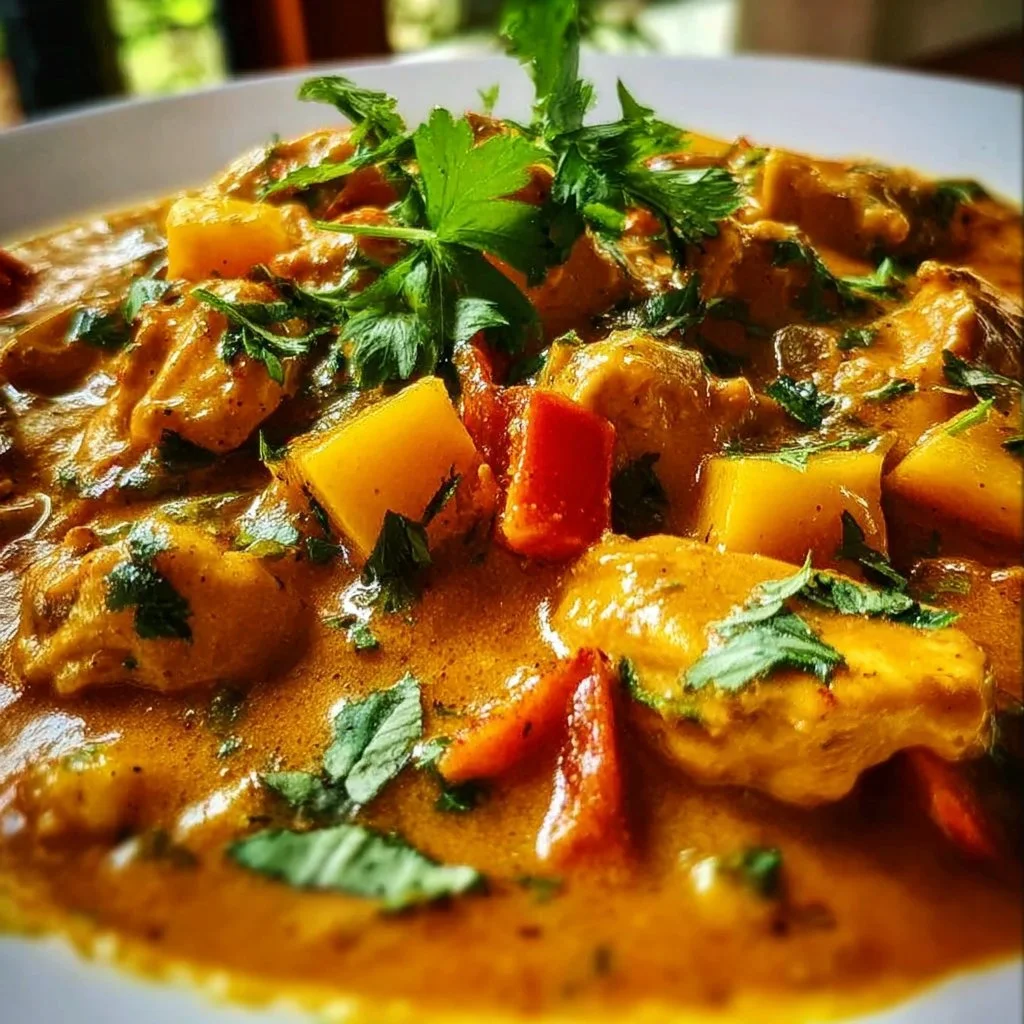 Mango Chicken Curry served in a bowl with fresh mango slices and herbs