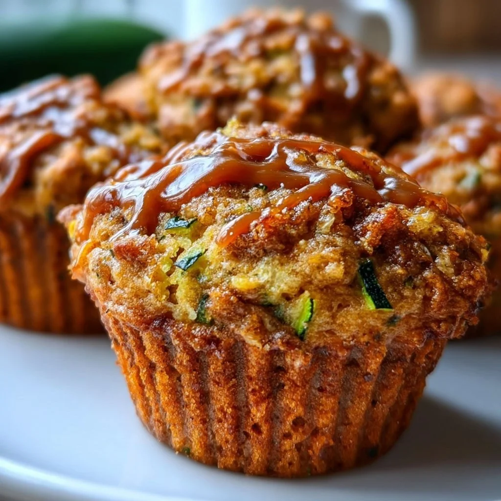 Freshly baked moist zucchini muffins on a cooling rack