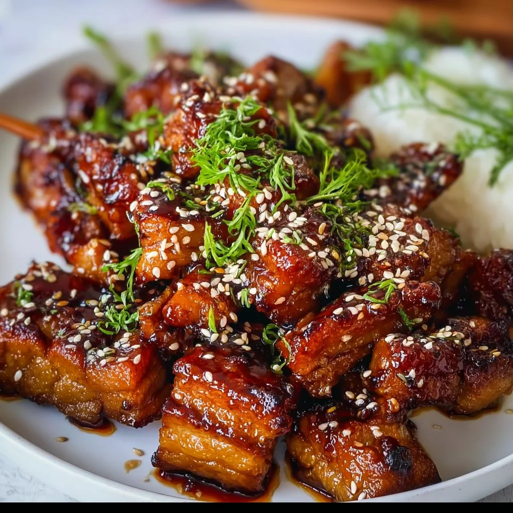 Delicious sticky sesame pork belly dish with a glossy glaze and garnished with sesame seeds.