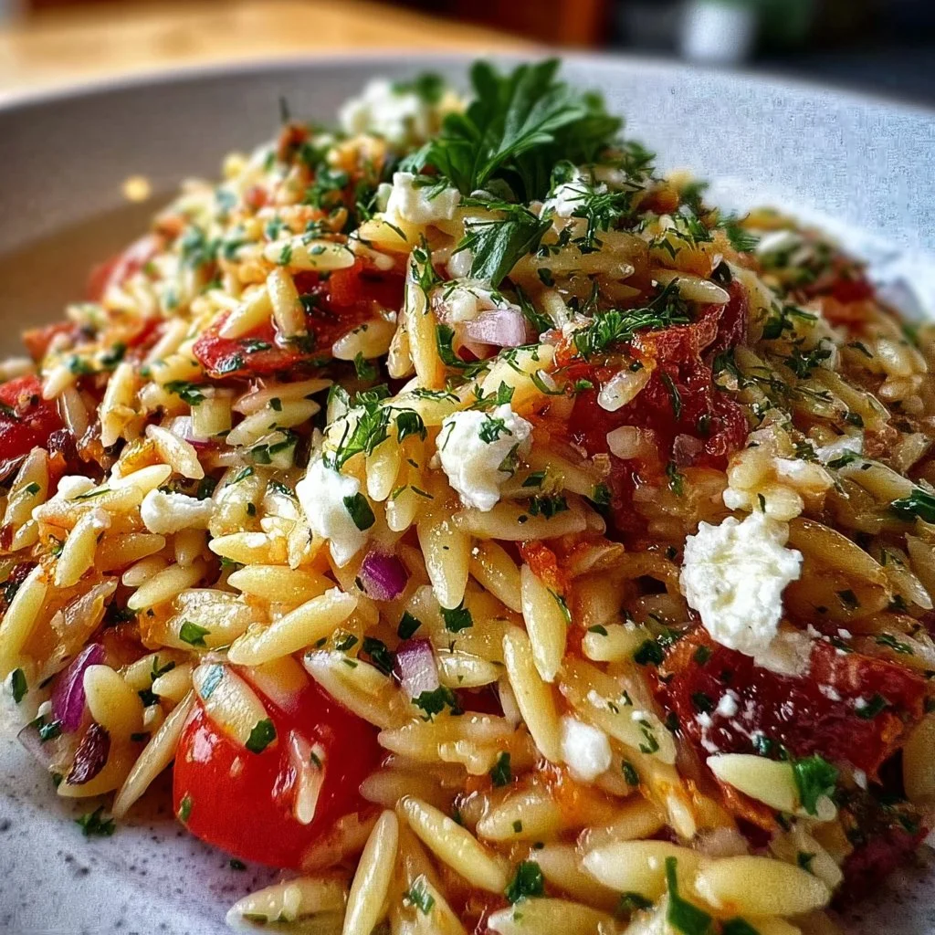 Colorful and healthy Orzo Pasta Salad with vegetables and dressing