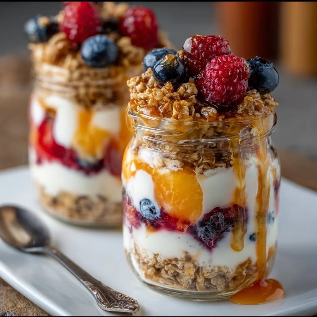 Delicious overnight yogurt parfait jars with fresh fruits and granola