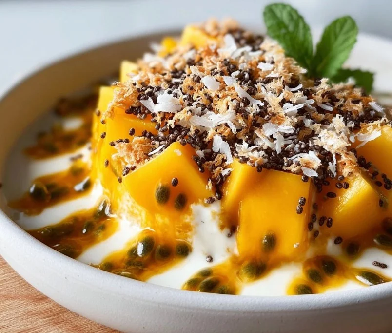 Bowl of Passionfruit Mango Coconut Chia Crunch topped with tropical fruits.