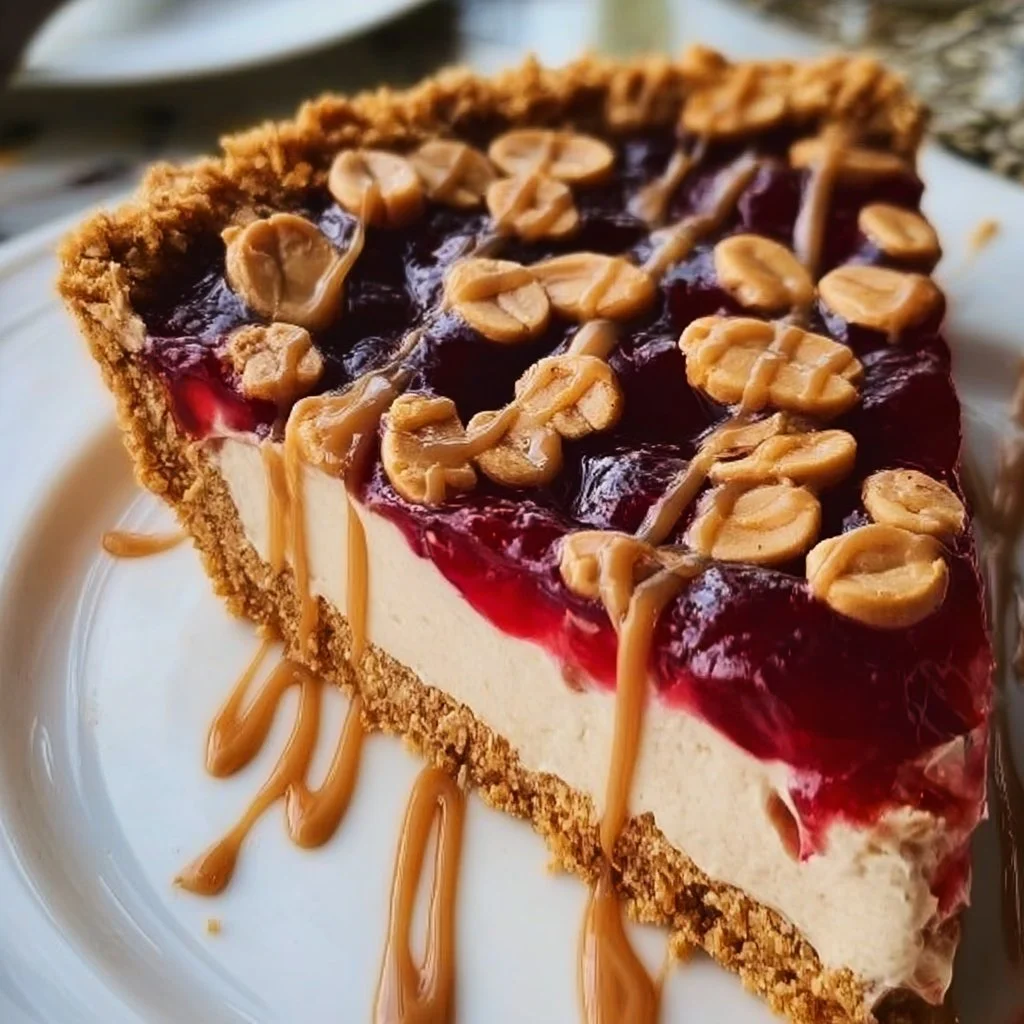 Peanut Butter and Jelly Pie topped with fresh berries and whipped cream