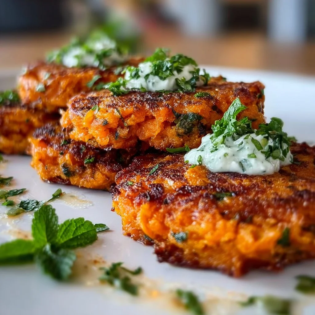 Crispy sweet potato hash cakes served with garlic feta dip