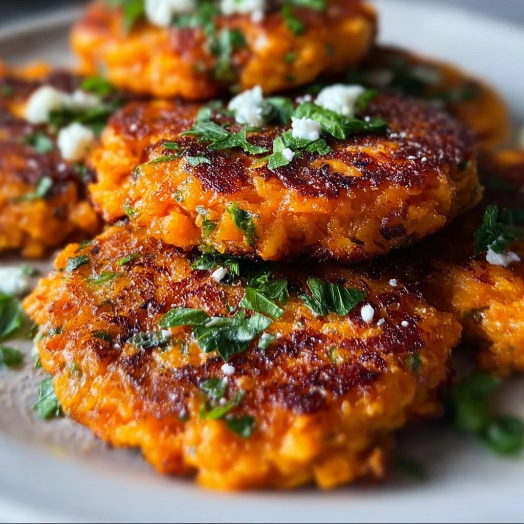 Perfect Crispy Sweet Potato Hash Cakes with Garlic Feta Dip Bliss