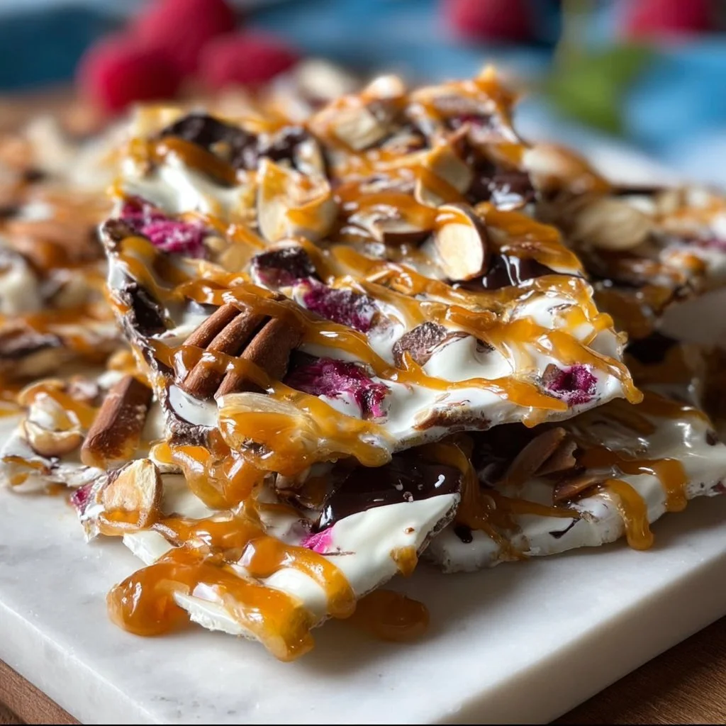 Delicious protein Greek yogurt bark topped with fruits and nuts