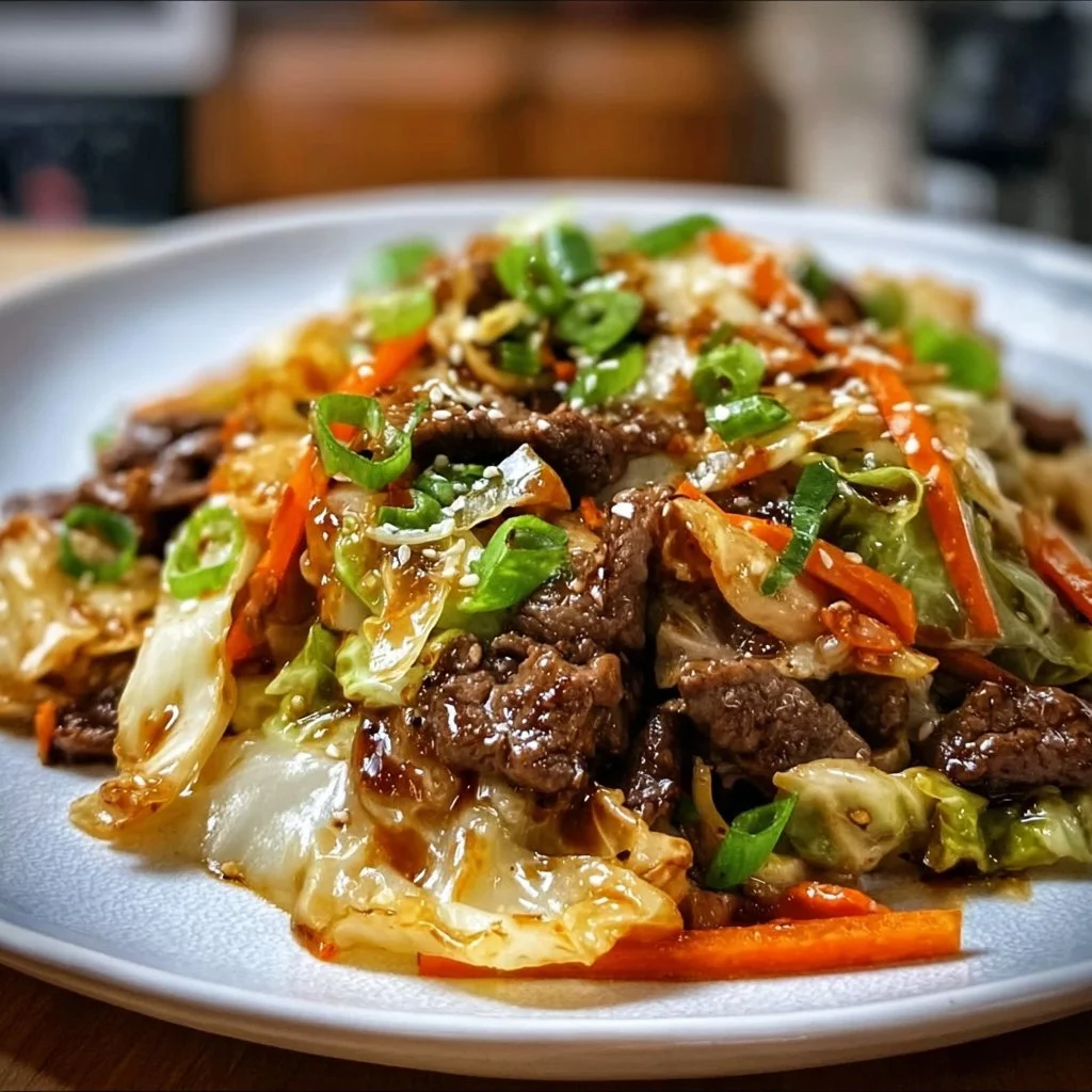Bowl of quick beef and cabbage stir fry with colorful vegetables