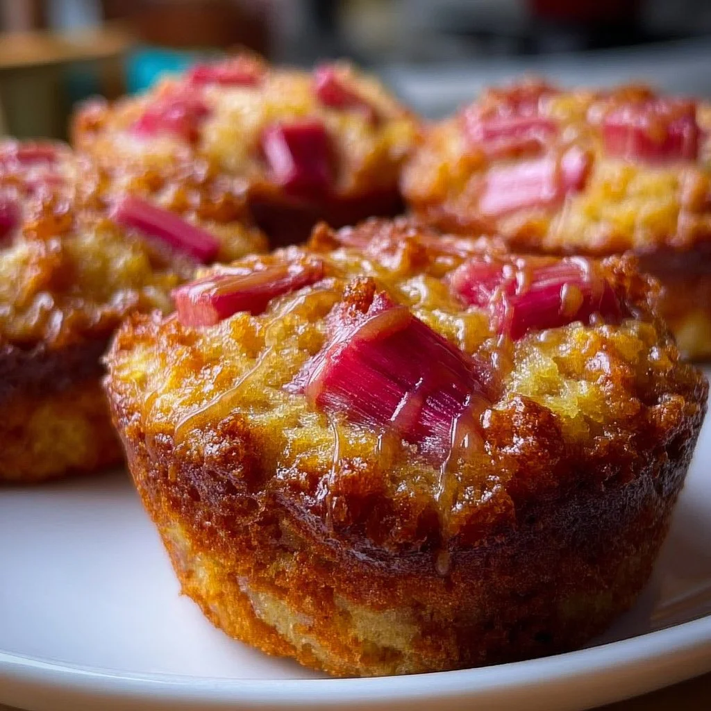 Rhubarb Upside Down Muffins fresh out of the oven, showcasing a tart and sweet topping.
