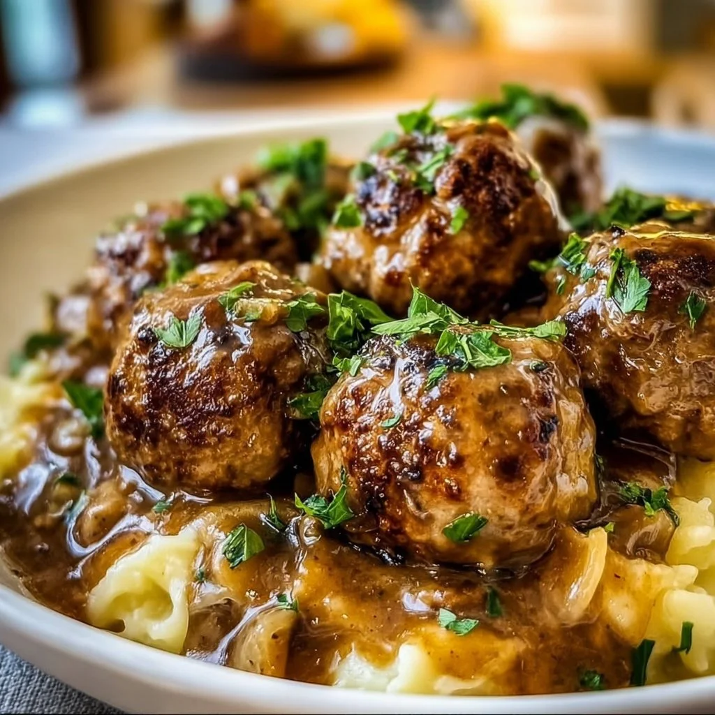 Salisbury steak meatballs served in rich mushroom gravy with herbs.