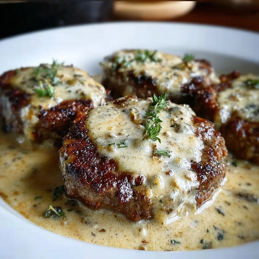 Homemade Salisbury steaks with horseradish parmesan sauce on a plate